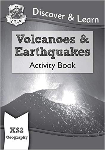 Geography activity book cover showing a volcano erupting, for KS2 students.