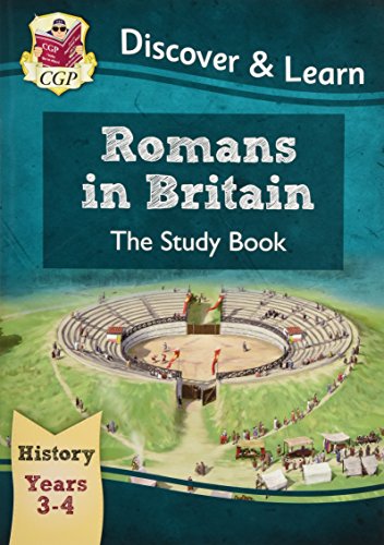 "Book cover with Roman amphitheater illustration, 'Romans in Britain' title, and 'CGP' logo."