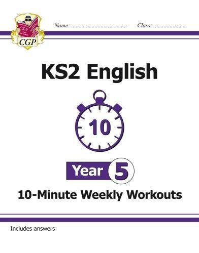 "White workbook cover with purple accents, featuring a stopwatch and 'KS2 English' text."