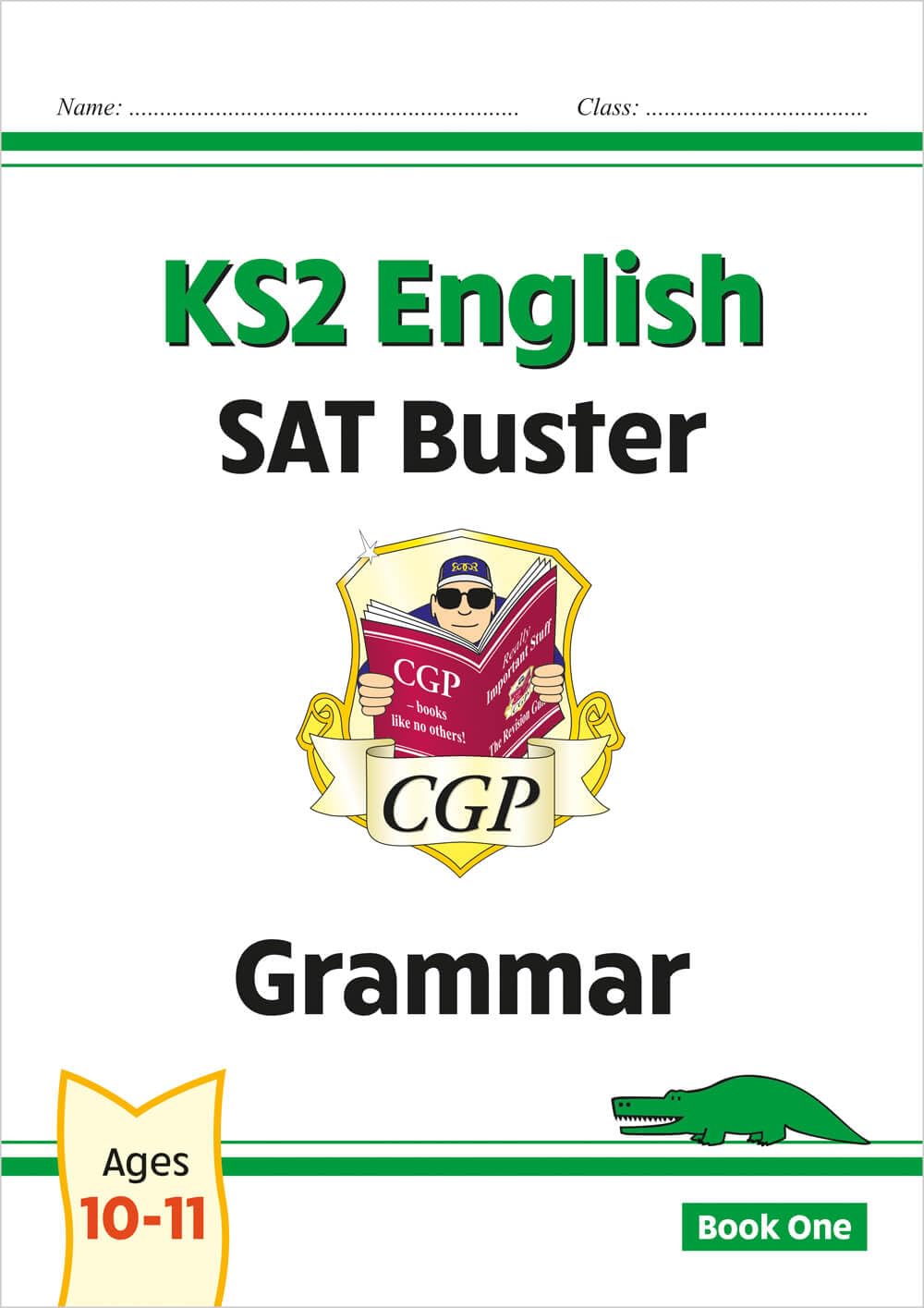 KS2 English grammar workbook cover with crest and crocodile illustration.
