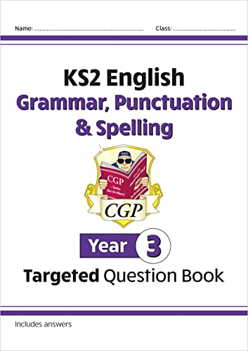 Colourful workbook with English exercises for year 3 students, CGP branding and colourful illustrations.