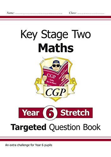 "Maths workbook cover with cartoon character, 'CGP' logo, and 'Year 6 Stretch' text on white background."