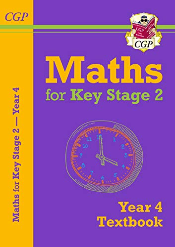 Purple and yellow Year 4 Maths textbook cover with a clock illustration.