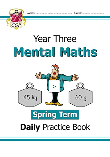 Year 3 Maths practice book cover with cartoon and weights illustration.