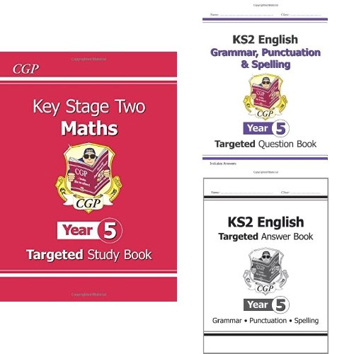 Three book covers for year 5 KS2 English and maths study books side by side.