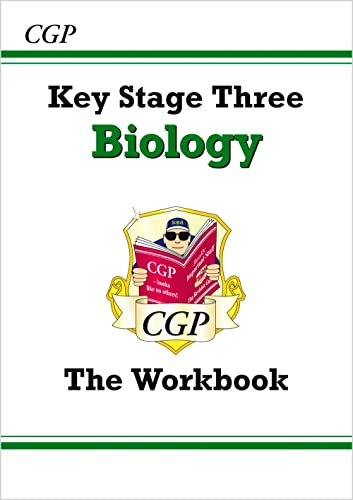 CGP Key Stage Three Biology workbook cover with a cartoon character reading a book.