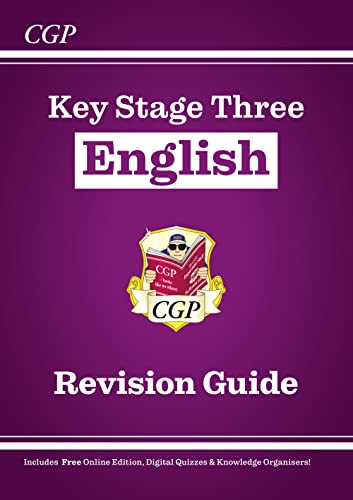Purple CGP Key Stage Three English revision guide book cover with a central shield logo.