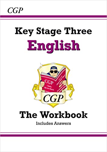 CGP Key Stage Three English workbook cover with a cartoon character holding a book.