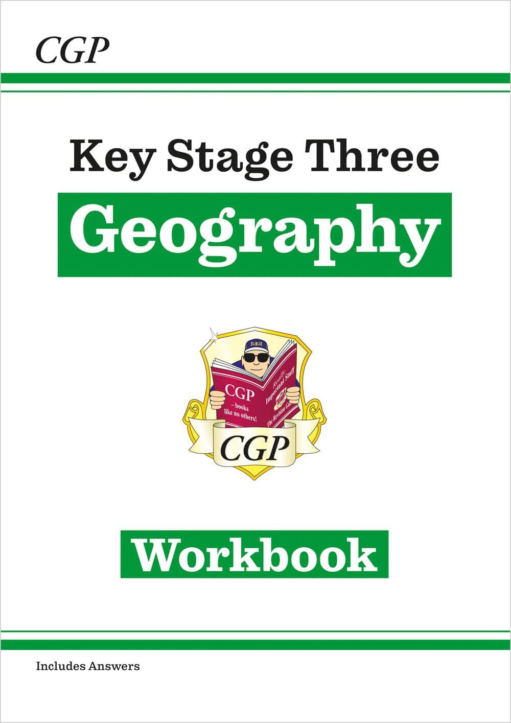 KS3 Geography workbook cover with illustration of a student and books.