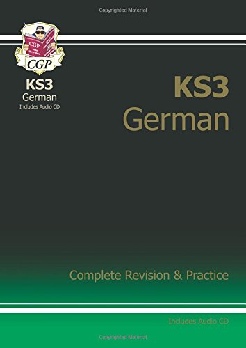 "Book cover with 'KS3 German' title, logo, and a CD with 'CGP' label."