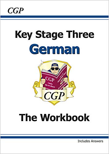 CGP Key Stage Three German workbook cover with a cartoon mascot reading a book.