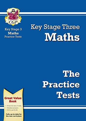 Blue CGP Key Stage Three Maths practice tests book cover with white text.