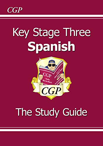 Red KS3 Spanish study guide with cartoon book and sunglasses.