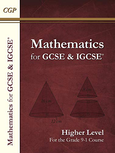 CGP Mathematics for GCSE and IGCSE Higher Level textbook cover with geometric cone diagrams.