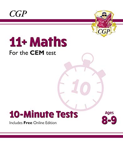 Cover of a purple and white 11+ Maths test book for ages 8-9.