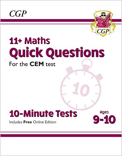 CGP 11+ Maths Quick Questions book cover for ages 9-10 with a stopwatch icon.