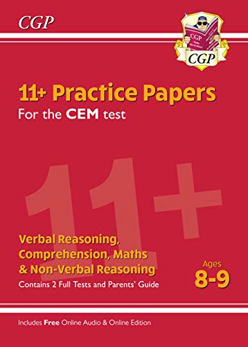 Red 11+ CEM practice papers for ages 8-9, with large “11+” text.