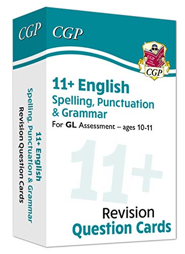 Blue and white 11+ English revision question cards for ages 10-11.