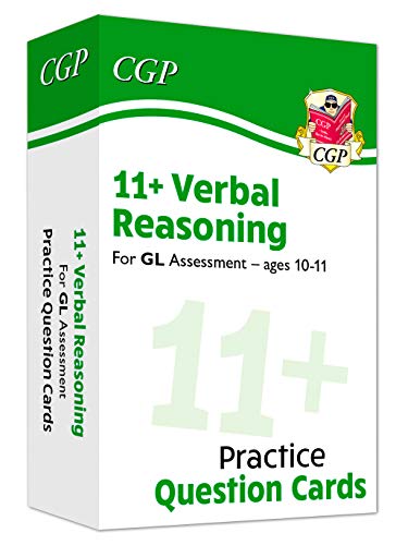 Green box of CGP 11+ Verbal Reasoning practice question cards.