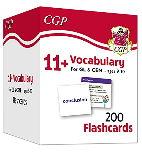 Flashcards with words and definitions for 11+ vocabulary practice, in a compact rectangular format.