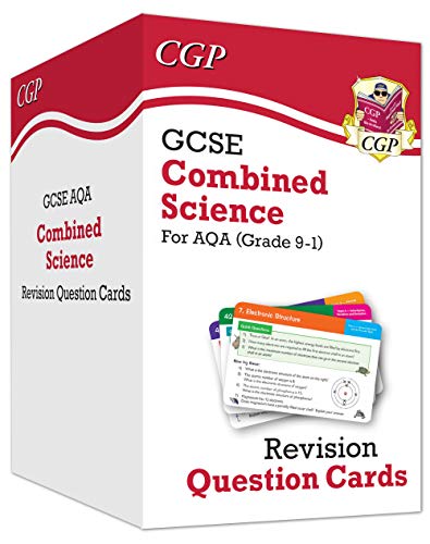 A box of CGP GCSE Combined Science AQA revision question cards.