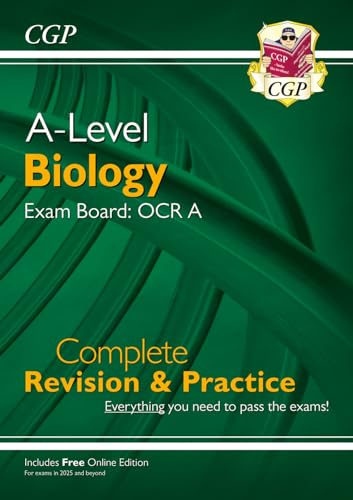 CGP A-Level Biology OCR A revision guide book cover with green abstract background.