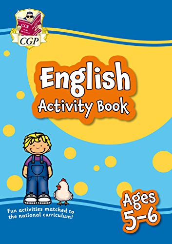 CGP English Activity Book for ages 5-6 featuring a boy and a chicken.
