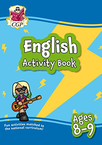 Bright blue cover of an English activity book for ages 8-9.