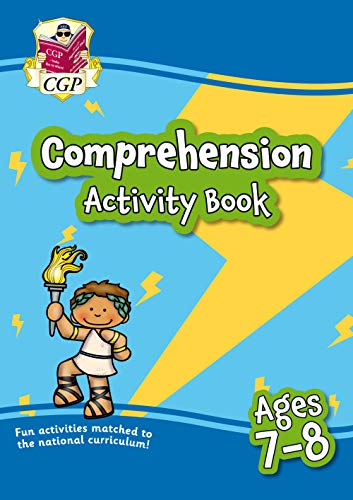 CGP English Comprehension Activity Book for ages 7-8 with a cartoon character holding a torch.