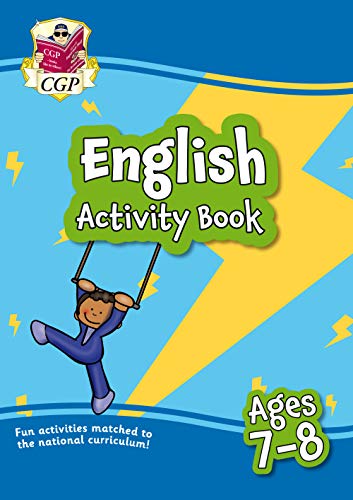 Colorful English activity book cover for ages 7-8 with cartoon illustration.