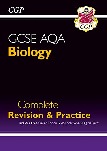 CGP GCSE AQA Biology revision guide book cover with purple and black background.