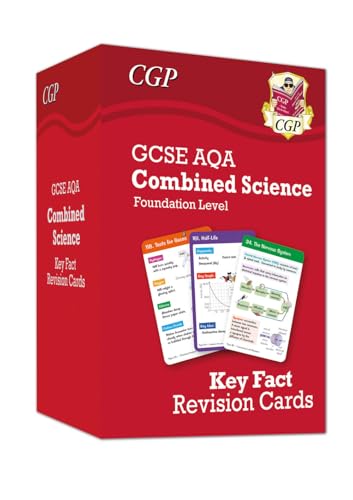 Red box of GCSE Combined Science AQA Foundation revision cards.