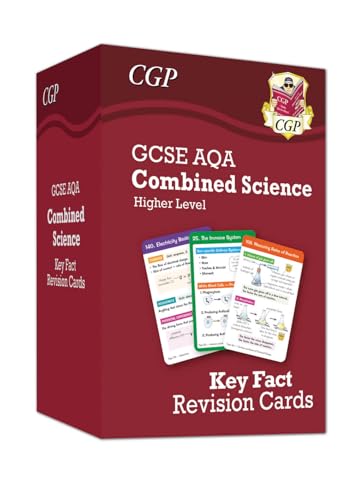 Red box of GCSE Combined Science AQA revision cards with sample cards shown.