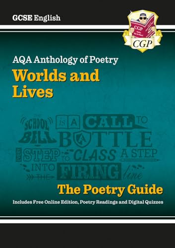 GCSE English poetry guide cover with text collage and CGP logo.