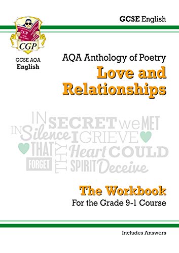 CGP GCSE English AQA Love and Relationships poetry workbook cover with text and hearts.