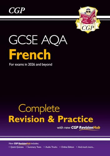 CGP GCSE AQA French revision guide cover with black and purple background.