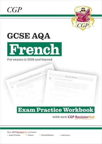 Green GCSE French exam practice workbook, 2026 exams, with open pages.