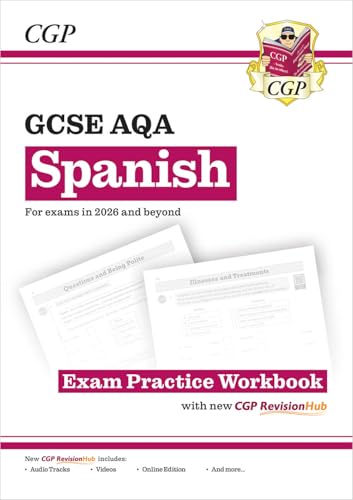 Workbook with CGP branding, AQA GCSE Spanish exam practice questions and revision resources.