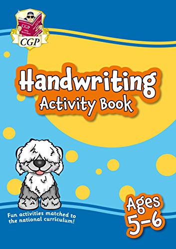 Colourful activity book with handwriting exercises for children, featuring illustrations and lined pages.