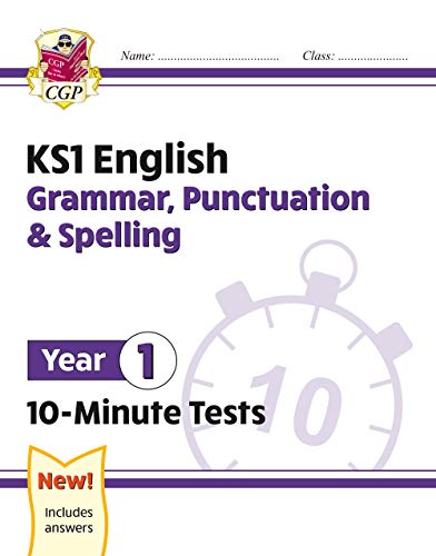 KS1 English test book cover with a clock and "Year 1" label.