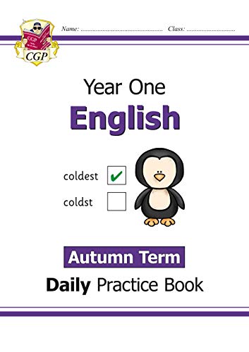 Year One English practice book cover with penguin illustration.
