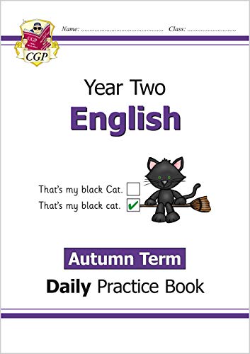 Year 2 English practice book cover with a black cat and broom.