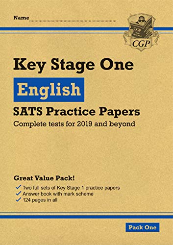 "Tan workbook cover with 'Key Stage One English SATS Practice Papers' and a 'CGP' logo."