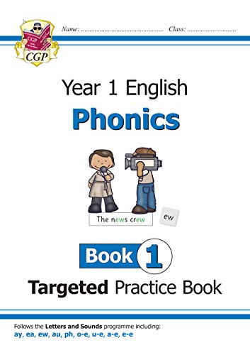 CGP Year 1 English Phonics Book 1 targeted practice workbook cover with cartoon news crew.