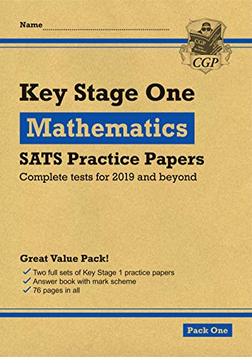 CGP Key Stage One Mathematics SATS practice papers book cover on tan textured paper.