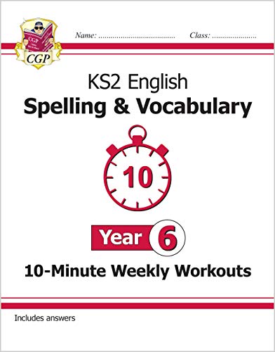 CGP KS2 English Spelling and Vocabulary Year 6 workbook cover with a stopwatch icon.
