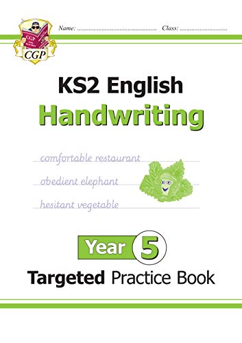 CGP Year 5 English handwriting practice book cover with example cursive words and illustration.