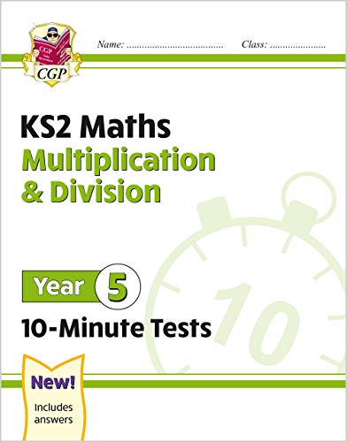 Year 5 maths test cover with clock, multiplication & division focus.