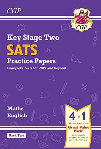 "Purple book cover with 'Key Stage Two SATS Practice Papers' and '4 in 1' highlighted."