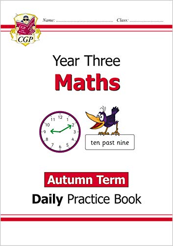 CGP Year 3 Maths Autumn Term daily practice book cover with clock and bird illustration.